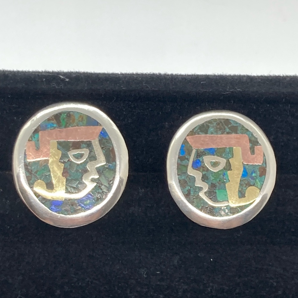 Vtg Taxco Metales SH Sterling Copper Brass Gemstone Inlay Alpaca Cufflinks | 1”